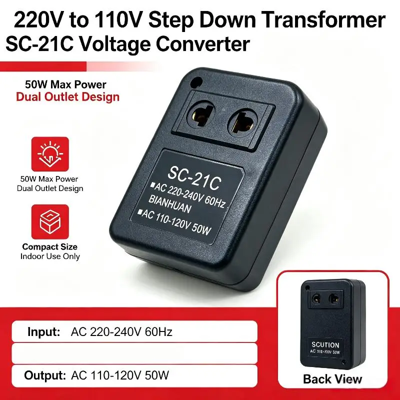 Universal Voltage Converter 220V to 110V 50W Energy Efficient Regulator Transformer for Home Travel Dual Use