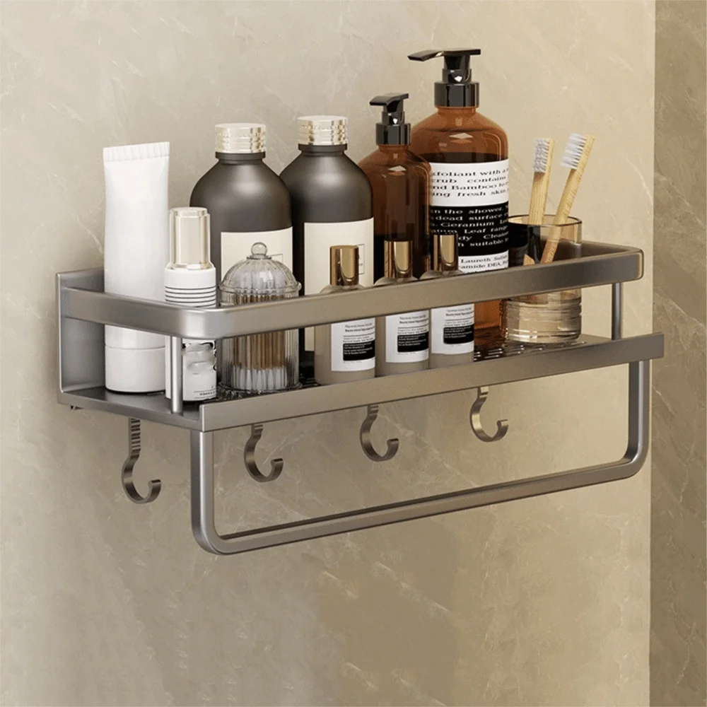 

Полка для ванной комнаты из алюминиевого сплава без дрели, прямоугольная форма, стеллаж для хранения, экономия места, устойчивая к ржавчине настенная полка