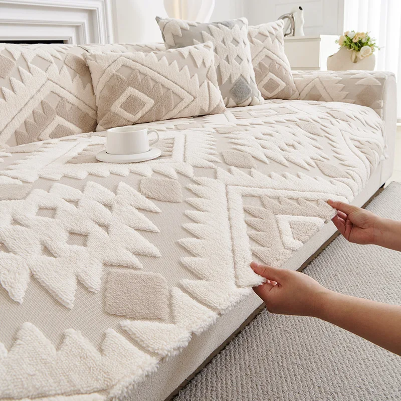 Plush bohemian all-season sofa cushion straight row anti-cat scratching leather sofa cover