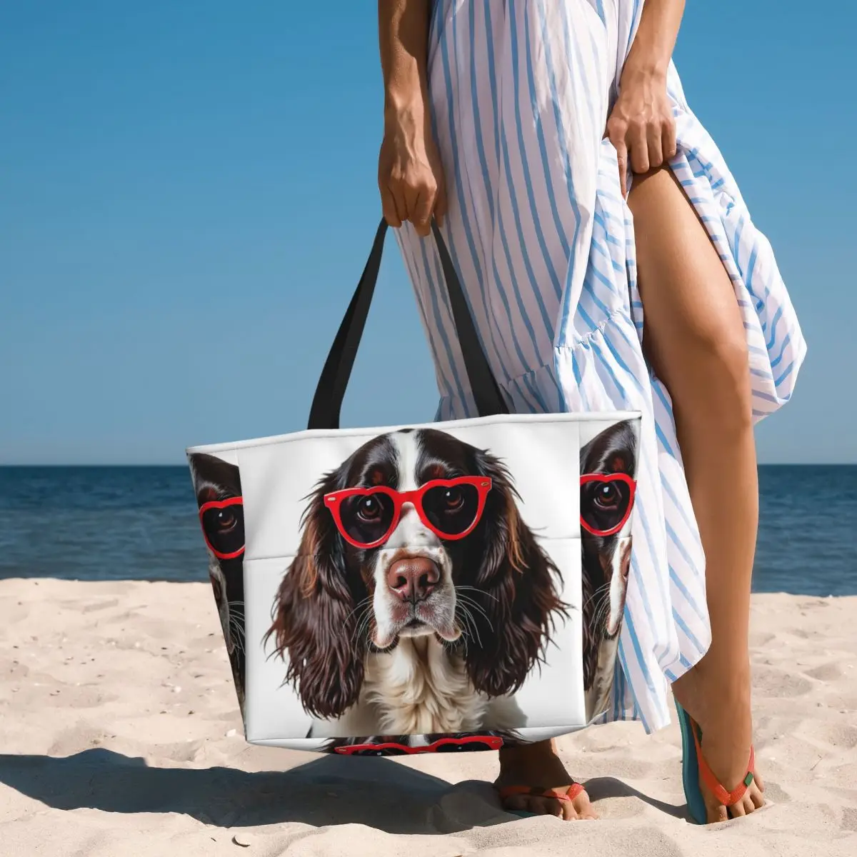 Inglês springer spaniel cão vestindo um coração forma óculos de sol praia sacola esporte yoga duffle grande sacola feminina saco de viagem