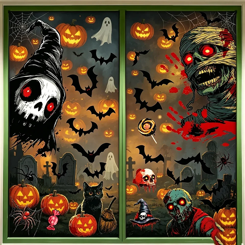 Halloween Static Window Sticker Horror Ghost Pumpkin Bat Zombie Haunted House Decal for Glass Door Halloween Party Scene Decor