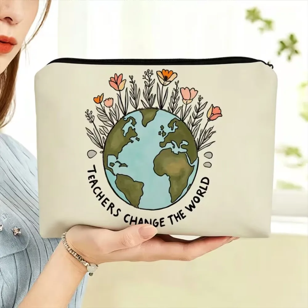 Teachers Change The World Canvas Zipper Pouch Floral Earth Print Storage Bag Appreciation Thank You Gift for Teachers Educators