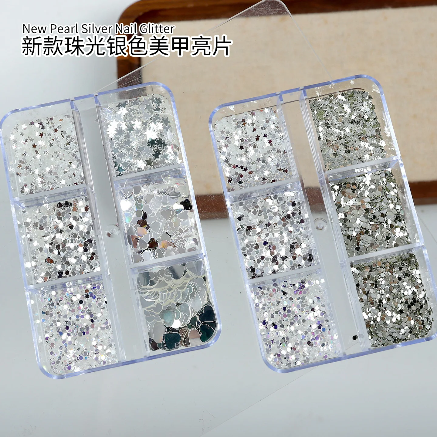 6 Grids Pearly-lustre Silver Metallic Nail Glitter Sequins Holographic Mirror Star Heart Round Flakes Decor Manicure Accessories