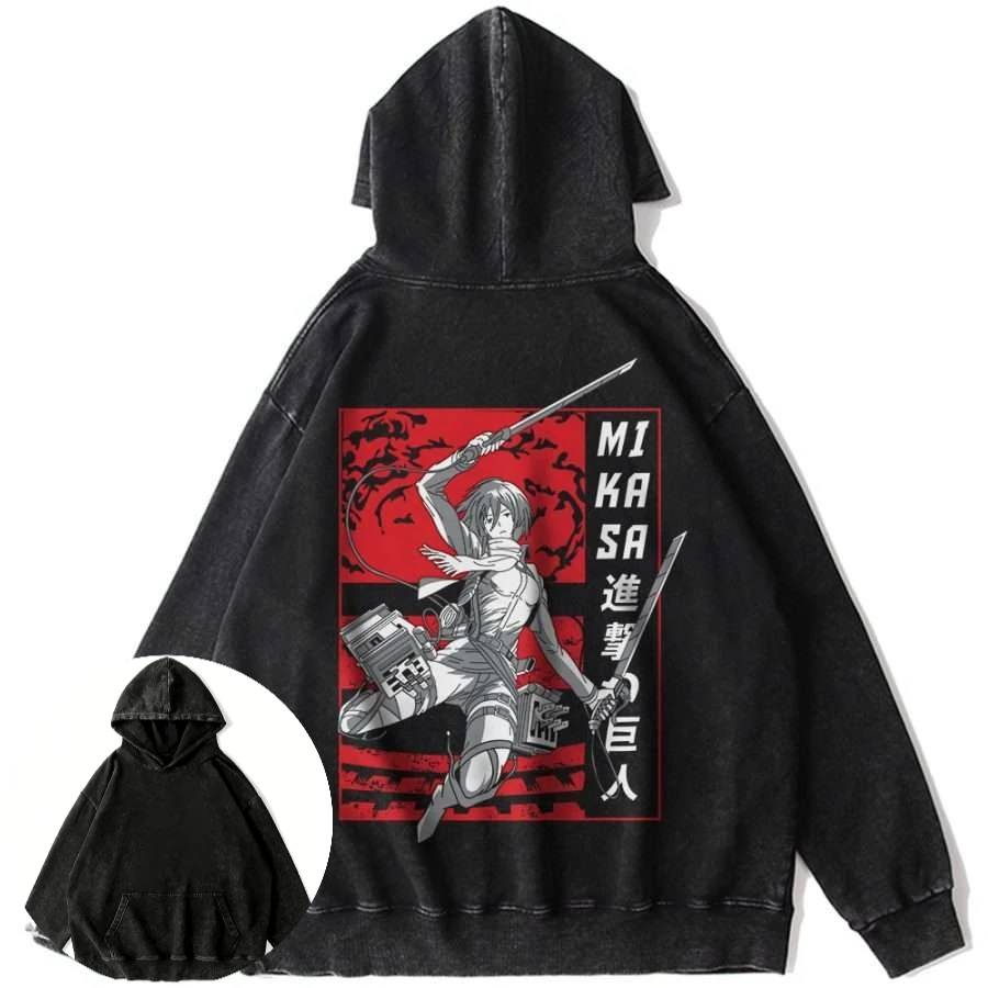 メンズ ヴィンテージ ウォッシュド コットン パーカー 進撃の巨人 ミカサ・アッカーマン グラフィック レッドブラック背景 ルーズ Y2K ヒップ
