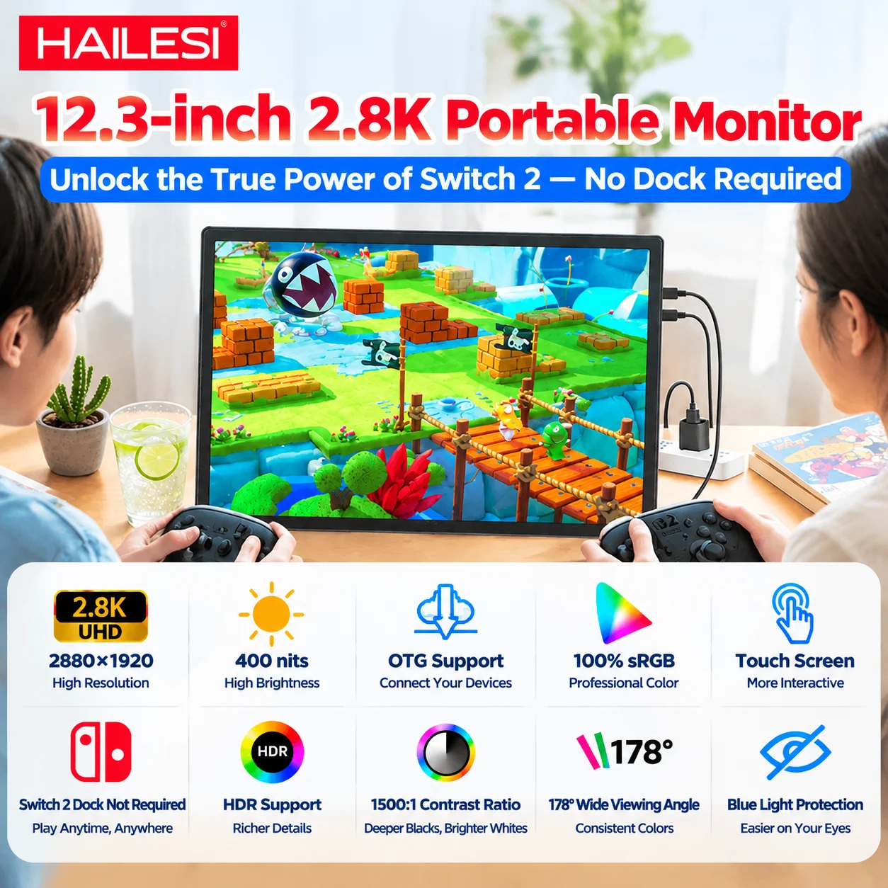 HAILESI S123PT 12.3 Inches 2.8K Touch Portable Monitor for Switch/Switch 2, Monitor Mini Travel Monitor 2880*1920 400nits