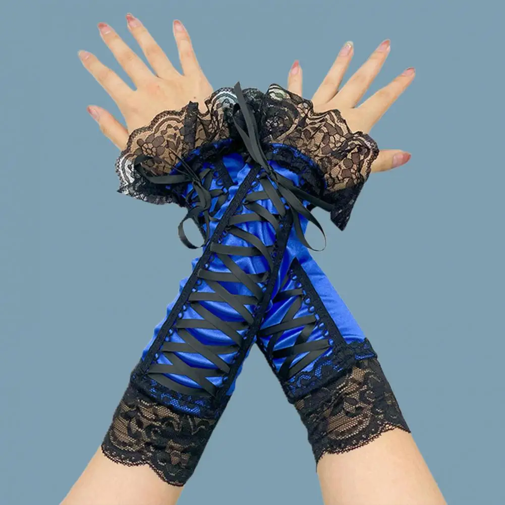 

Party Oversleeves Adjustable Cross Lace-up Cosplay Fingerless Arm Sleeves See-through Hollow Out Lace Stitching Stage Gloves