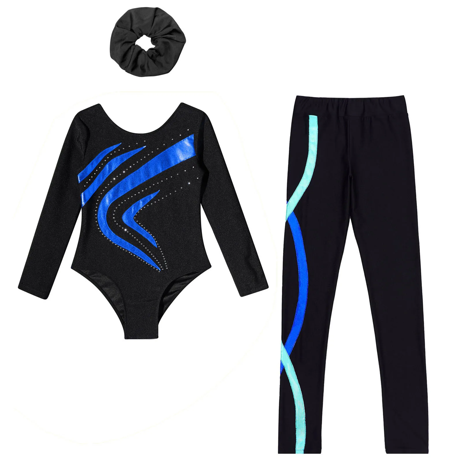 

Kids Girls Gymnastics Dance Outfit Long Sleeve Round Neckline Metallic Patchwork Rhinestone Leotard with Leggings and Hairband