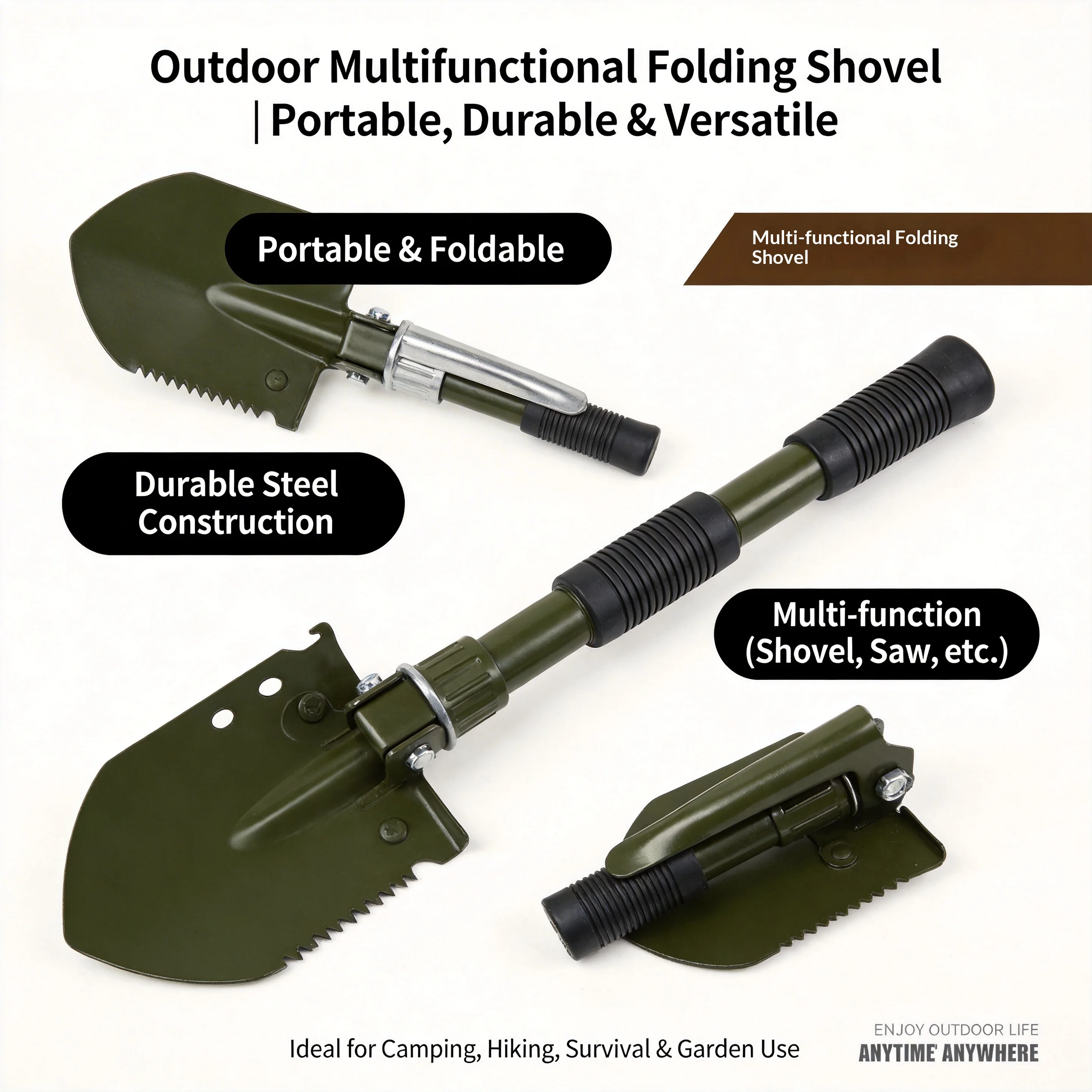 

Outdoor Multi-Function Engineer Life Saving Shovel - Thickened Double Handle Folding Shovel for Camping and Outdoor Adventures
