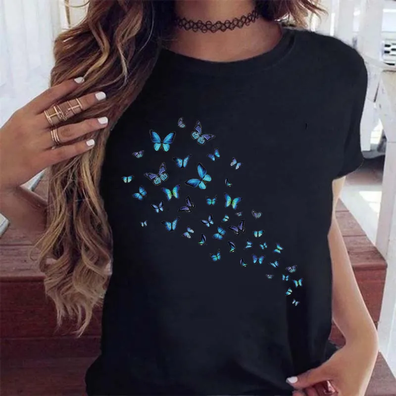 Woman Butterfly Tree Print Harajuku Summer Tshirts Casual Round Neck Short Slee Top Tee Shirt Women Black T-shirt Drop Ship