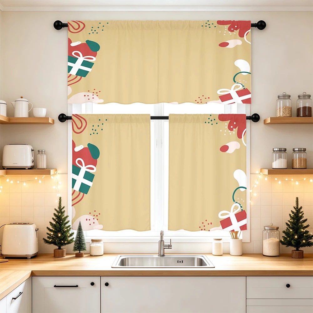 Christmas Kitchen Curtains, Abstract Gift Box Corner, Digital Print, Kitchen Dining Room, Rod Pocket Polyester, Home Decor