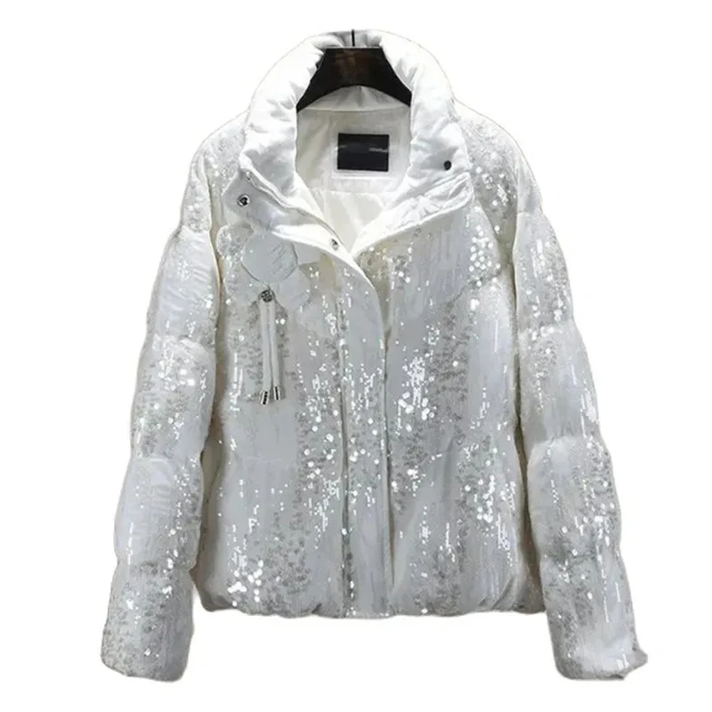 

Winter Sequin Down Cotton Jacket Women 2023 New Loose Stand-Up Collar Coat Fashion Outerwear Pure Colour Parka Overcoat Female