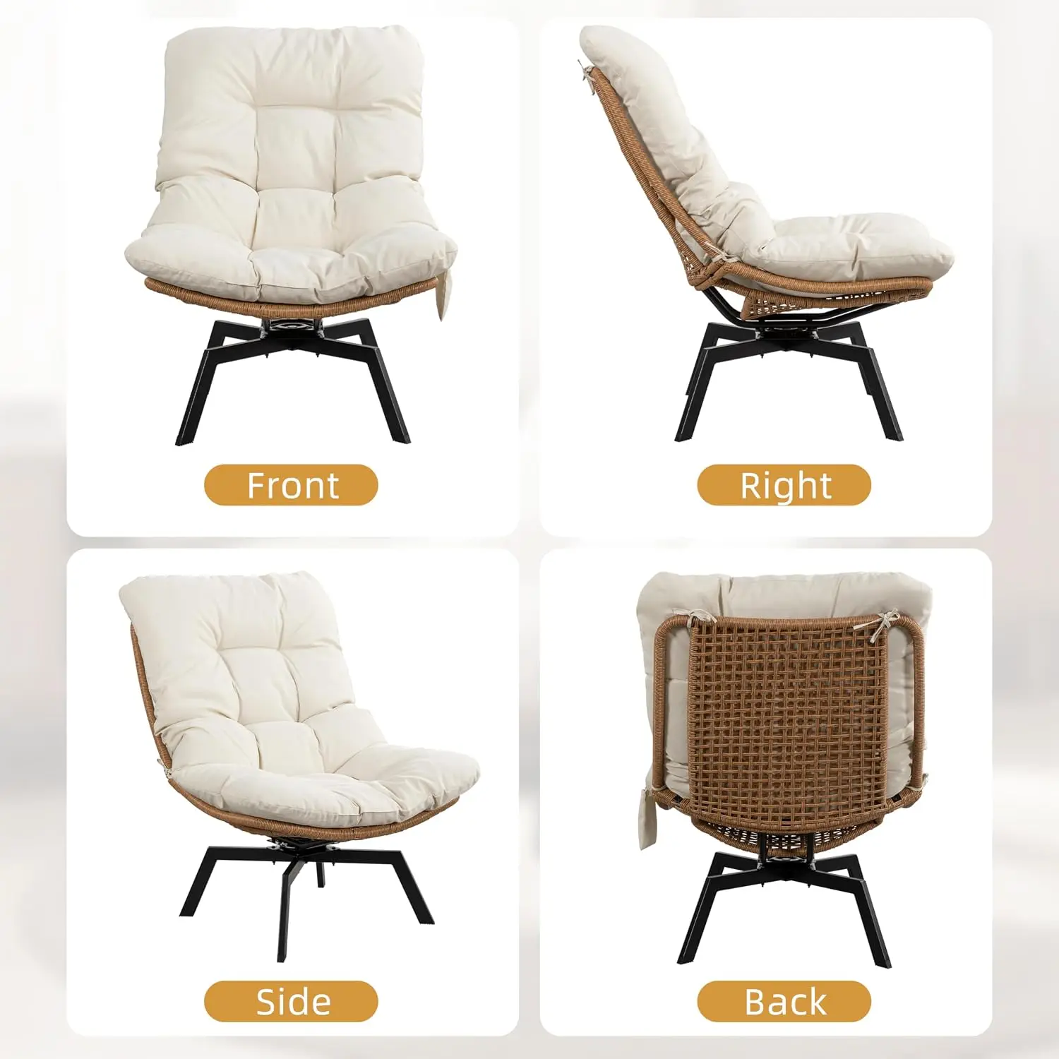 Modern Wicker Swivel Accent Chair Oversized Cushion Seat Metal Frame Phone Pocket Living Room Bedroom Balcony Beige, Customized