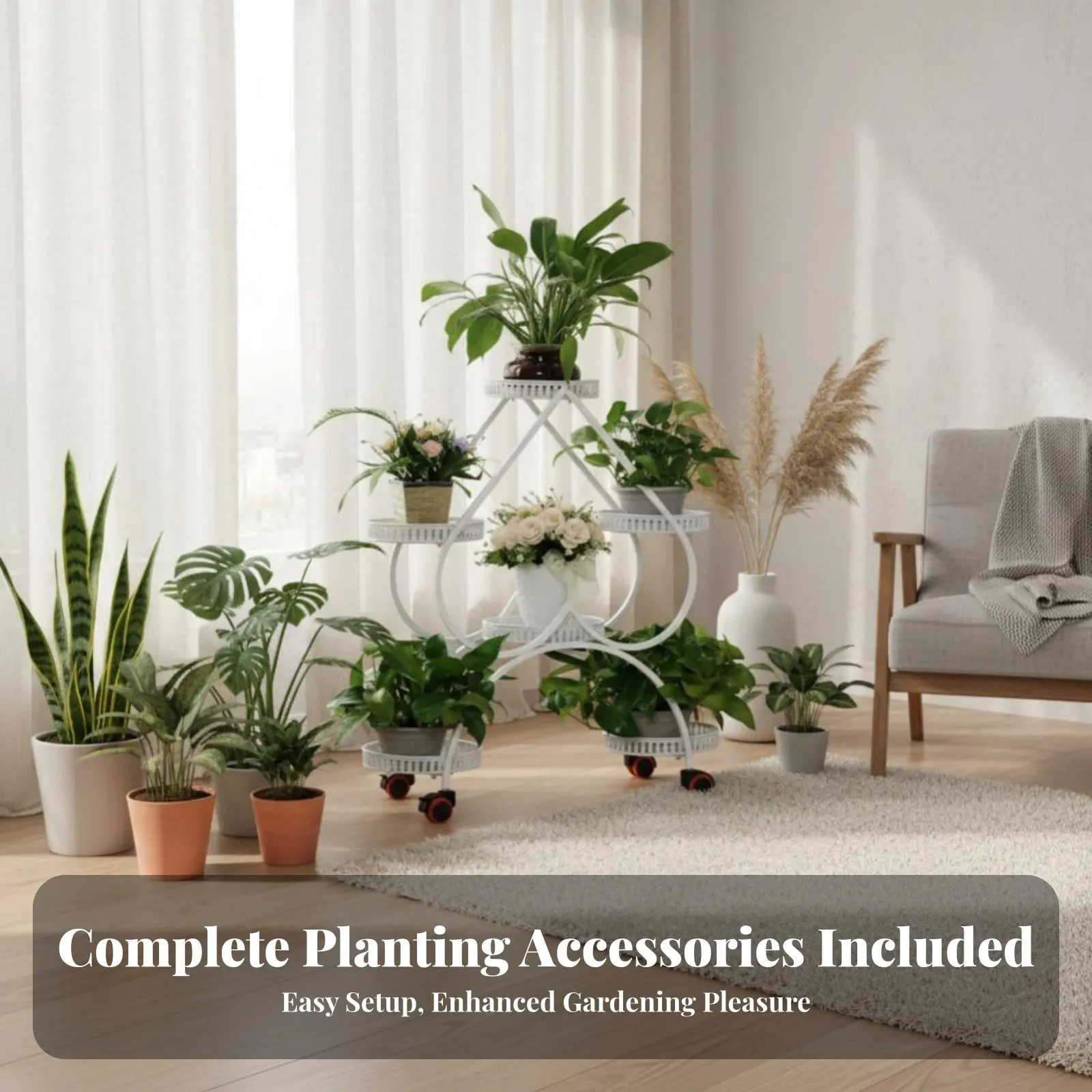 ハート型6段ポットスタンド（ホイール付き）多層式移動式植物運搬台（可動・ロック可能）中空穴あきトレイ