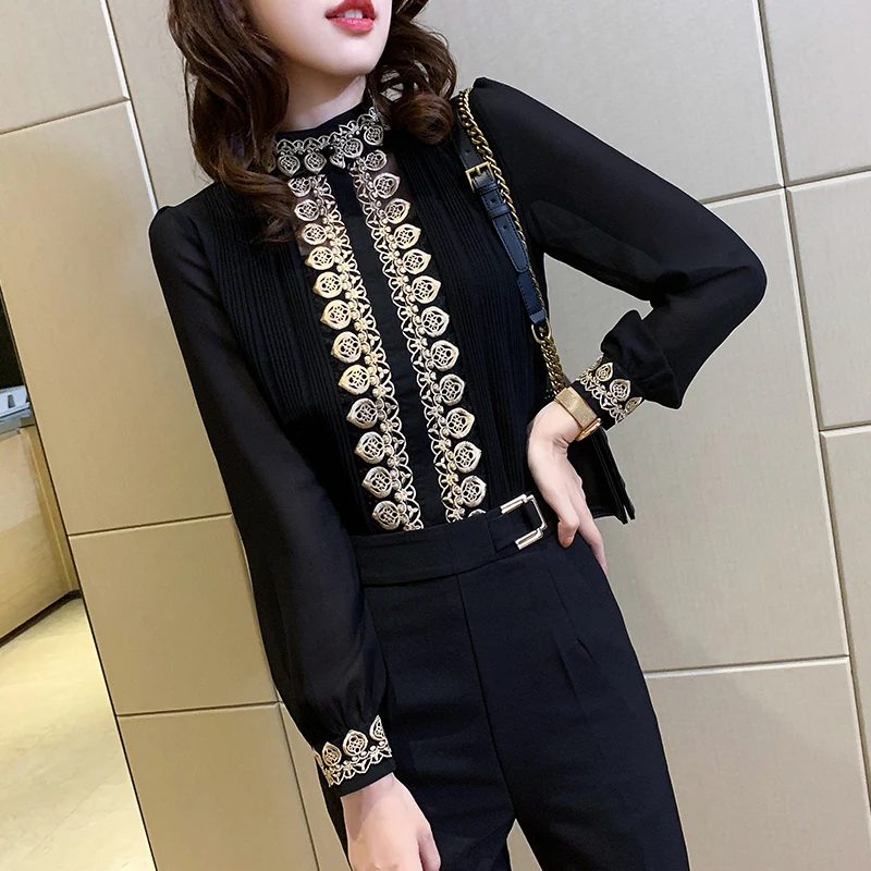 Vintage Single-breasted Chiffon blouse Autumn Spring New Elegant Embroidered Tops Stand Collar Lantern Sleeve Women Shirt