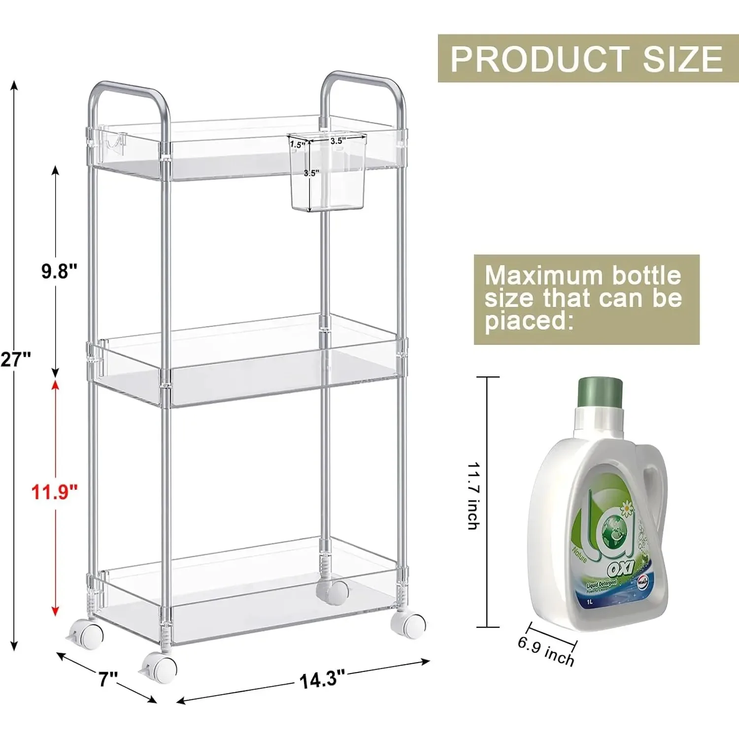 3 Tier Acrylic Storage Rolling Cart Bathroom Organizer, Mobile Shelving Unit Multifunction Rolling Cart for Office Living Room