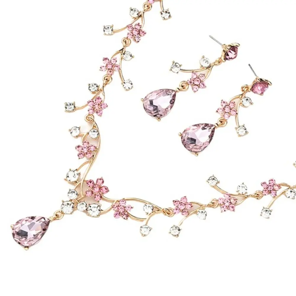 حجر الراين قطرة الماء مجموعات مجوهرات الزفاف لامعة قابل للتعديل مجموعات مجوهرات رائعة الذهبي اليدوية المختنق قلادة القرط مجموعة #4