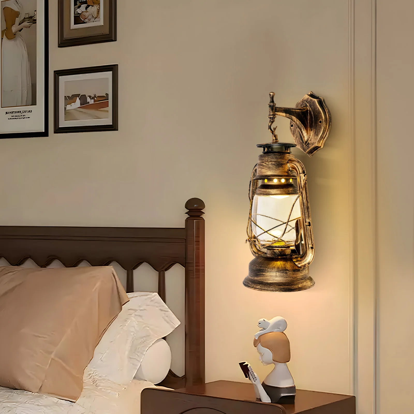 

Vintage Brass Color Wall Light Indoors Bedside Lamp Antique Style Lighting Fixture with Plastic Lampshade for Home Garden