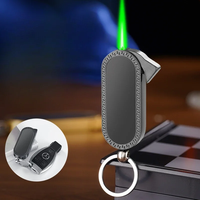 Outdoor Portable Multifunctional Metal Lighter, Windproof Mini Keychain Style, Refillable Butane Gas, Green Spray Flame