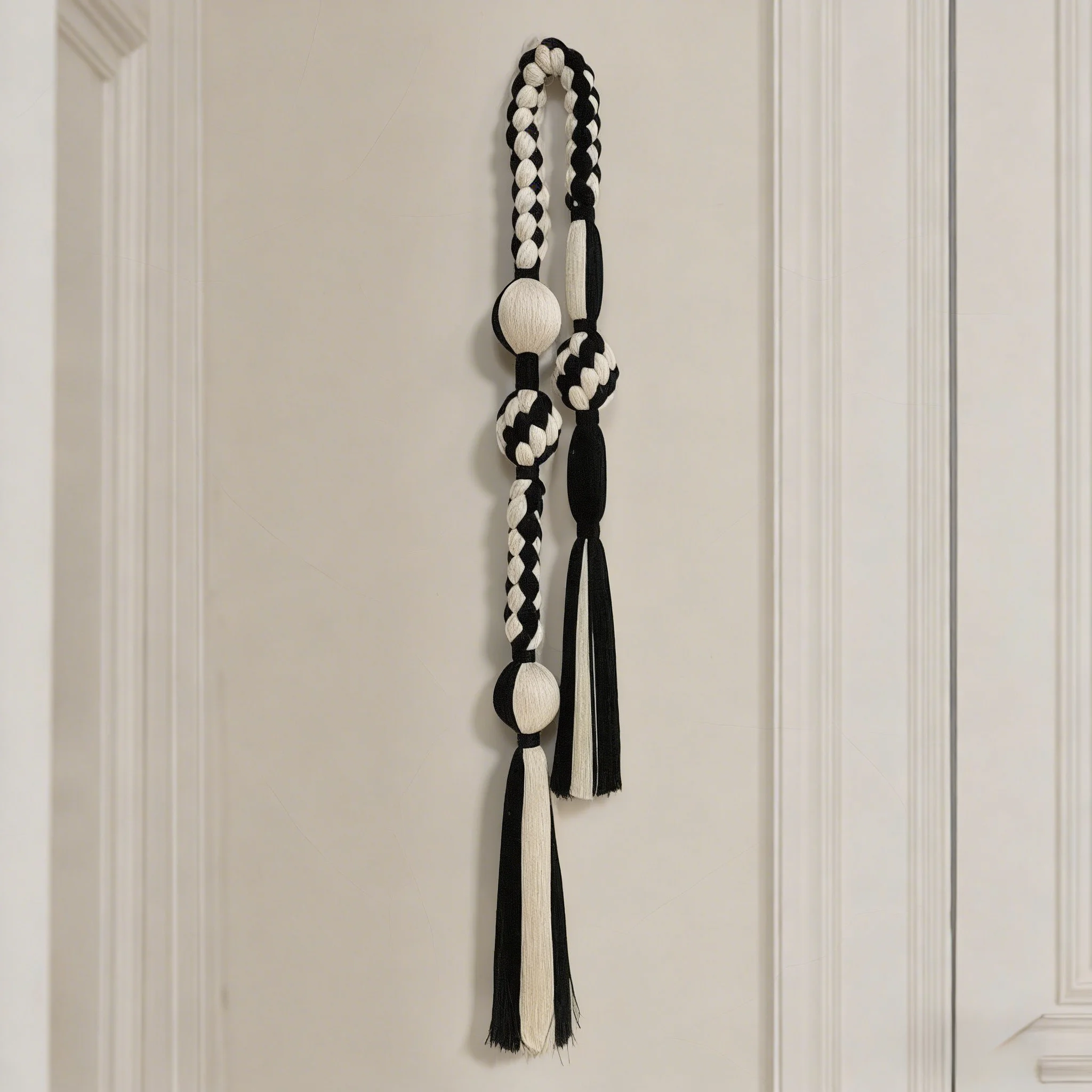 

Minimalist Black White Macrame Wall Hanging Braided Tassel Wall Art Modern Boho Home Decor for Contemporary Living Spaces