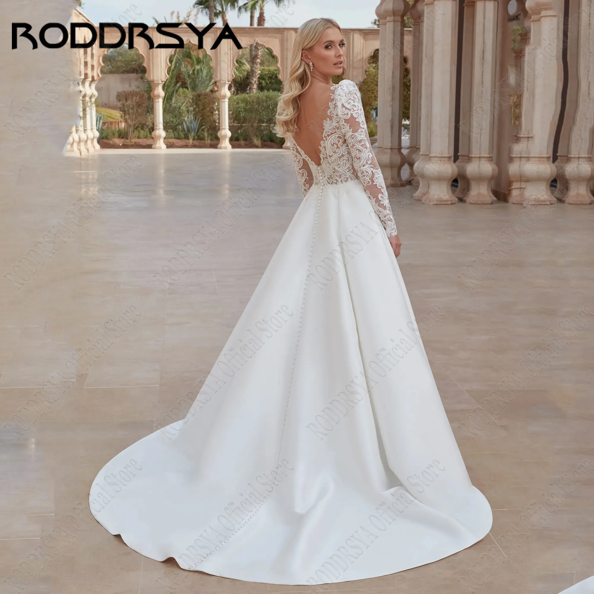 RODDRSYA Customized Wedding Dresses Satin Scoop Neck Applique Sweep Train Long Sleeves Vintage Bride Dresses Robe De Mariee