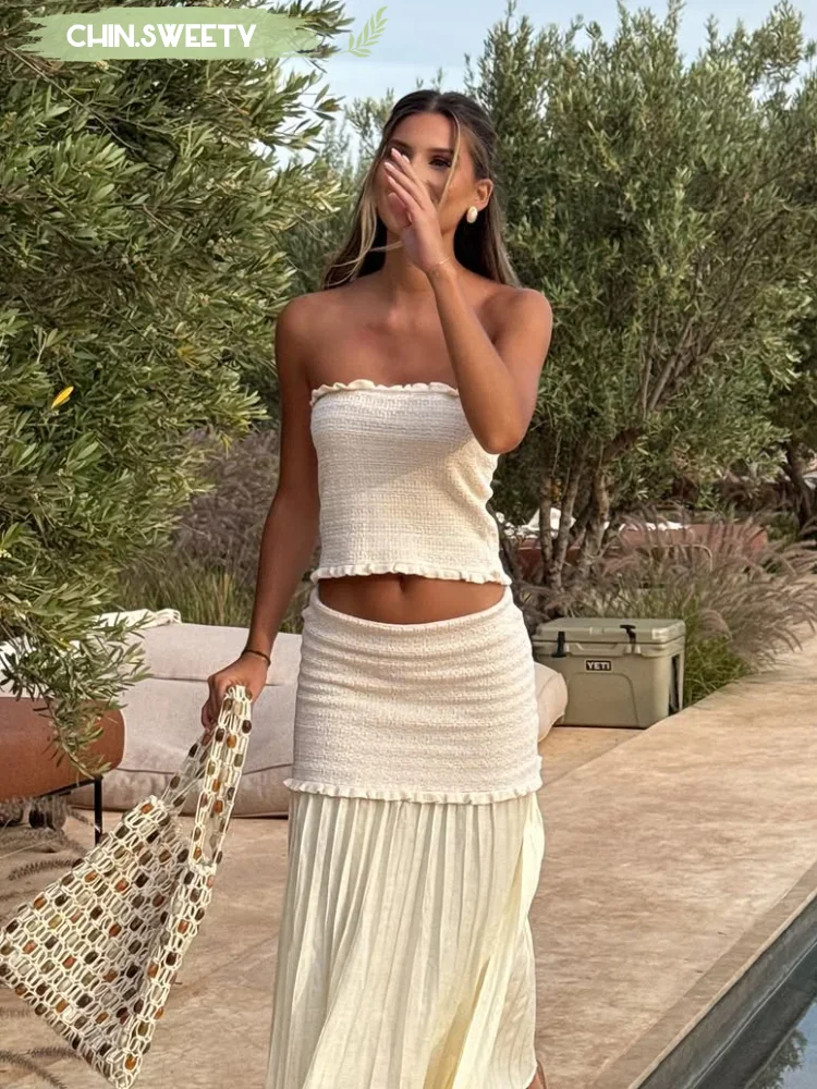 

Solid Fungus Edge Top Long Skirt Set Women Elegant Sleeveless Strapless Patchwork 3-piece Suit 2025 New Summer Holiday Outfits