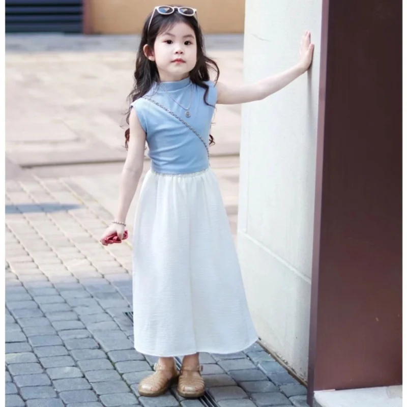 

Children2026Summer outfit for girls: blue drawstring backless short-sleeve top and cool wide-leg pants two-piece set