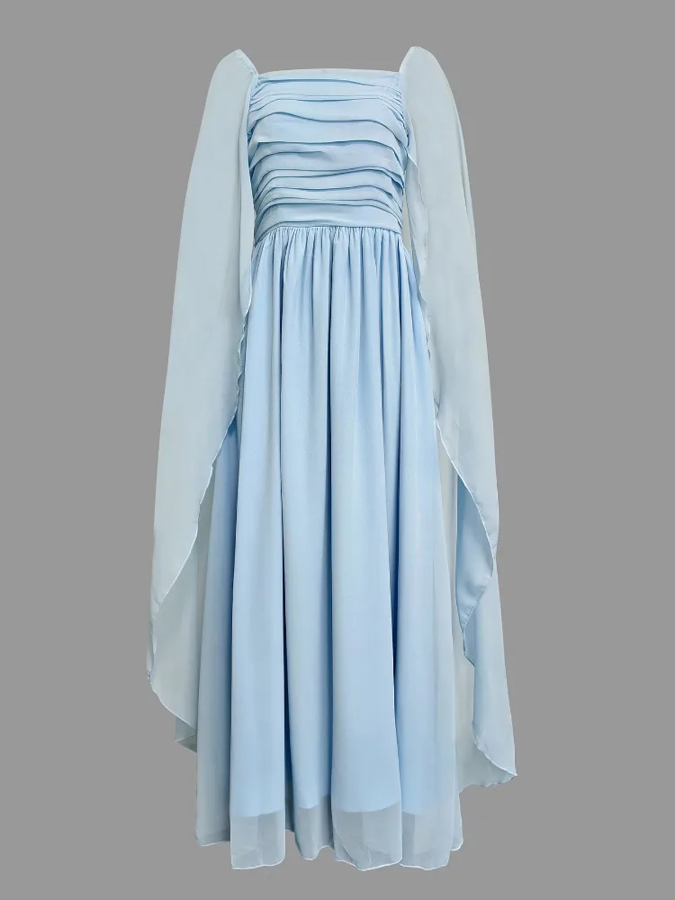 Gymystar الوردي الأزرق مطوي شال فستان ماكسي تول الأميرة فستان حفلات موضة الشاش ساحة الرقبة الأصفر أنيقة مساء رداء الحفلات