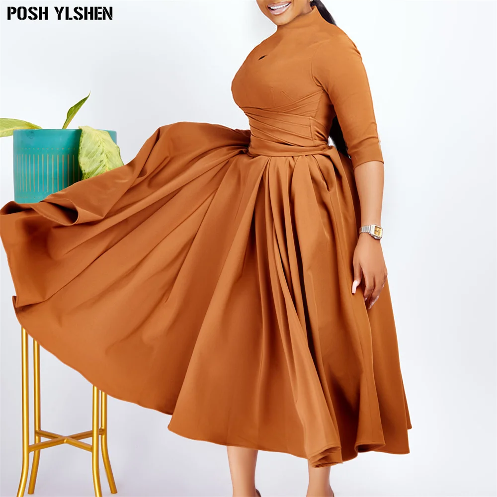 

Fold Belt African Pleated Swing Dresses For Women Elegant Mock Neck Belted Flare Dress Robe Vetement Femme Daily Africa Clothing