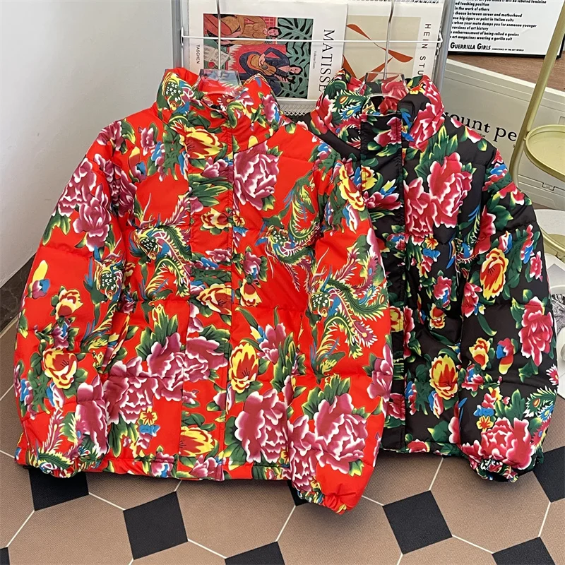 

Хлопковая куртка свободного кроя в стиле ретро, одинаковый воротник-стойка для пары, теплая молодежная одежда, длинная застежка-молния, повседневная одежда с цветочным принтом...