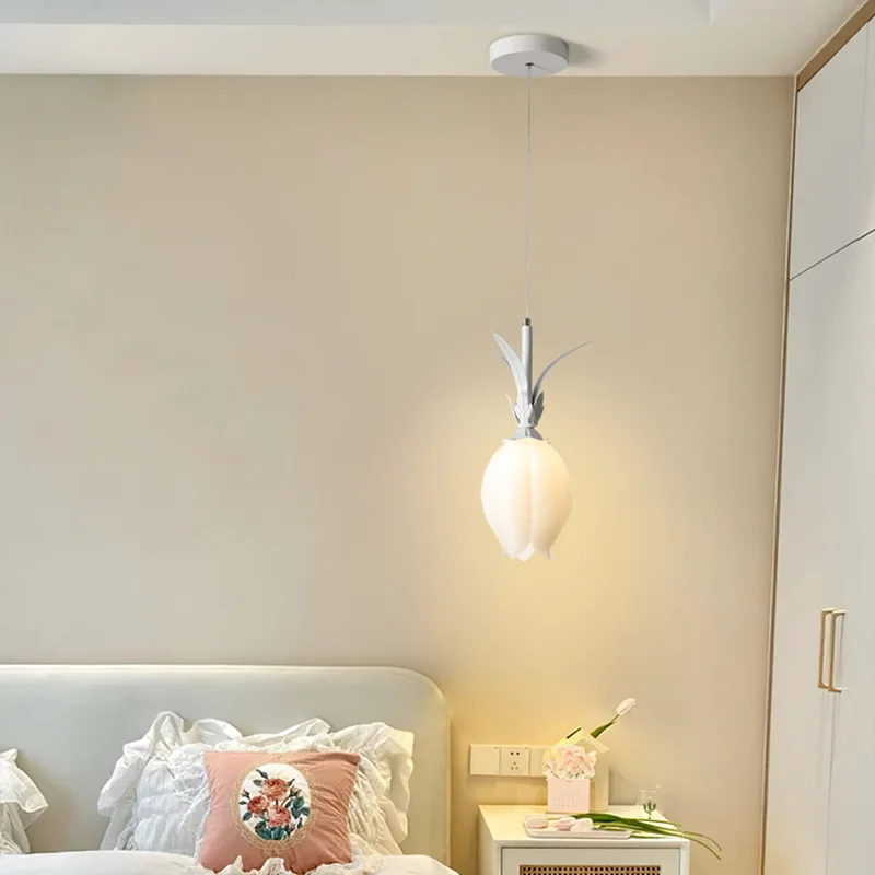 Nordic Style Macaron Green / White Metal Flower Model Pendant Lights Acrylic Blossom LED 7W Cord Hanging Bedside Droplights image 4