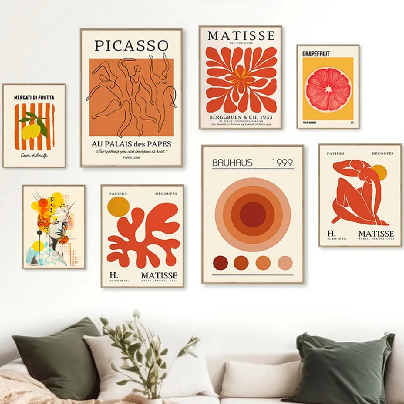 

Flower figures Modern gallery wall Picasso Bauhaus Orange exhibition wall Art oil painting poster picture living room home