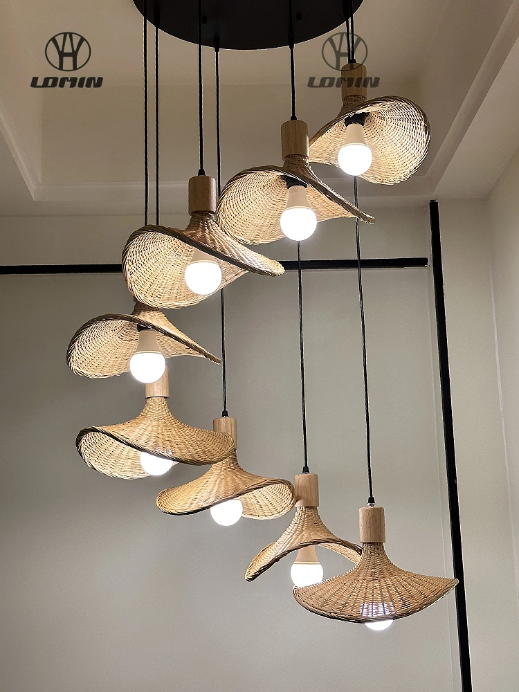 

GEW Classic Bamboo Lantern Pendant Lamp Natural Rattan Wicker Chandeliers Hand-Woven Bamboo Lampshades E27 Lighting Fixtures