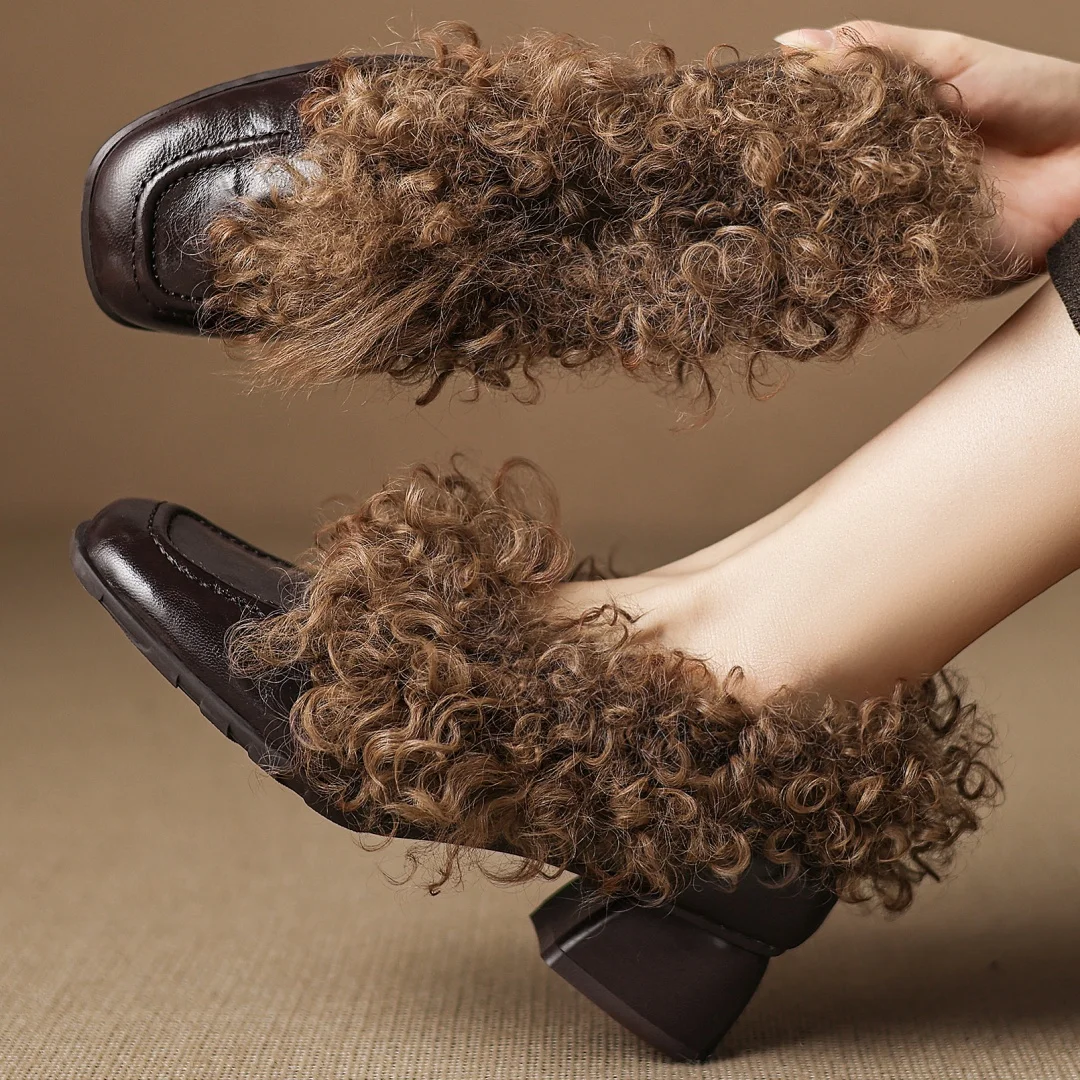 

danxuefei women's sheepskin wool patchwork square toe short plush inside winter warm slip-on pumps 4cm thick med heel dress shoe