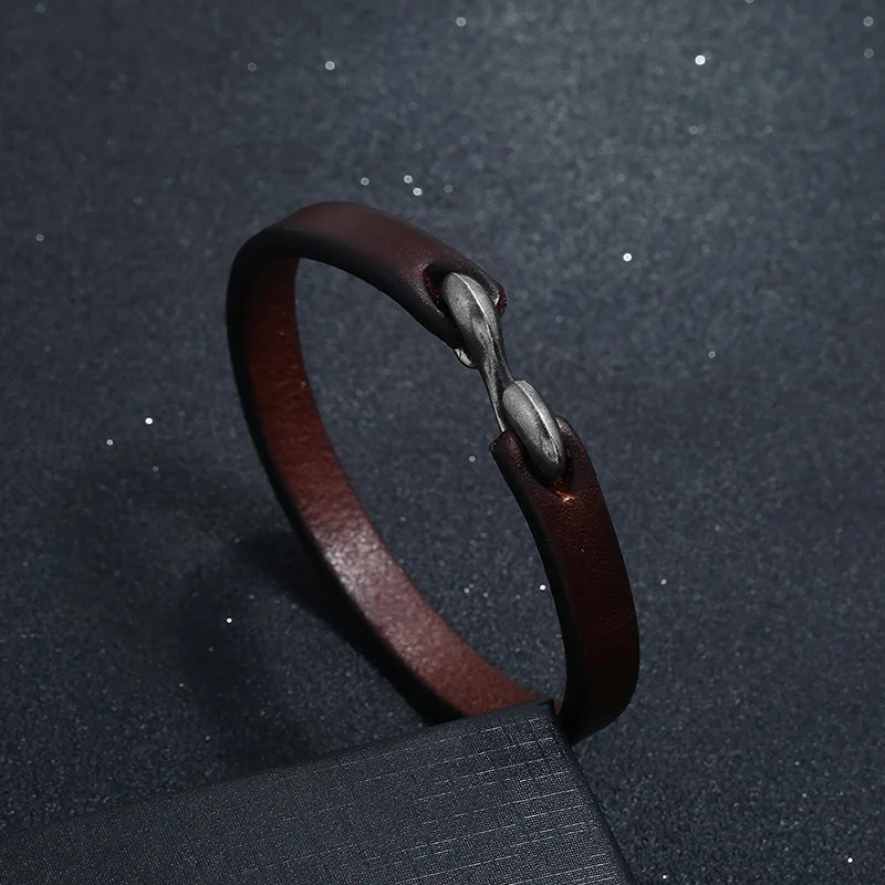 Trendy Solid Color Smooth Genuine Leather Men\'s Bracelets Simple S-Hook Bangles Punk Style Jewelry Male Gifts 20CM/21.5CM