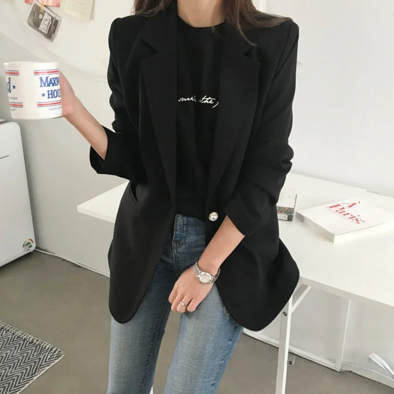 

Женский свободный повседневный костюм-пиджак Ele Bla Midi в корейском стиле для весны и осени, из комфортной качественной ткани