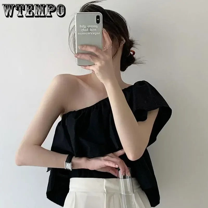 Women Shirts Blouses Sexy Bare Shoulder Sleeveless Top Summer Solid Shirt Lotus Neckline Elegant Pleated Blouse Fashion Y2K Tops