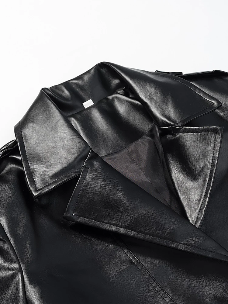 欧米風秋冬新作レディース長袖ラペルゆったりベルト付きロングイミテーションレザートレンチコート