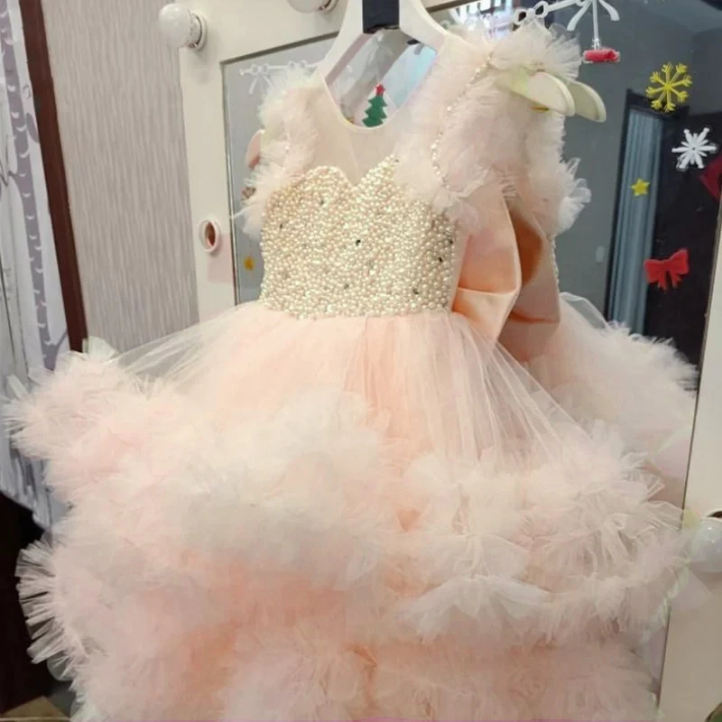 Robes à Fleurs pour Bol, Tulle Rose, Plis de Perles Bouffantes avec Nministériels d en Fibre, pour Mariage, ixd'Anniversaire, Première Communine, Quelle que soit