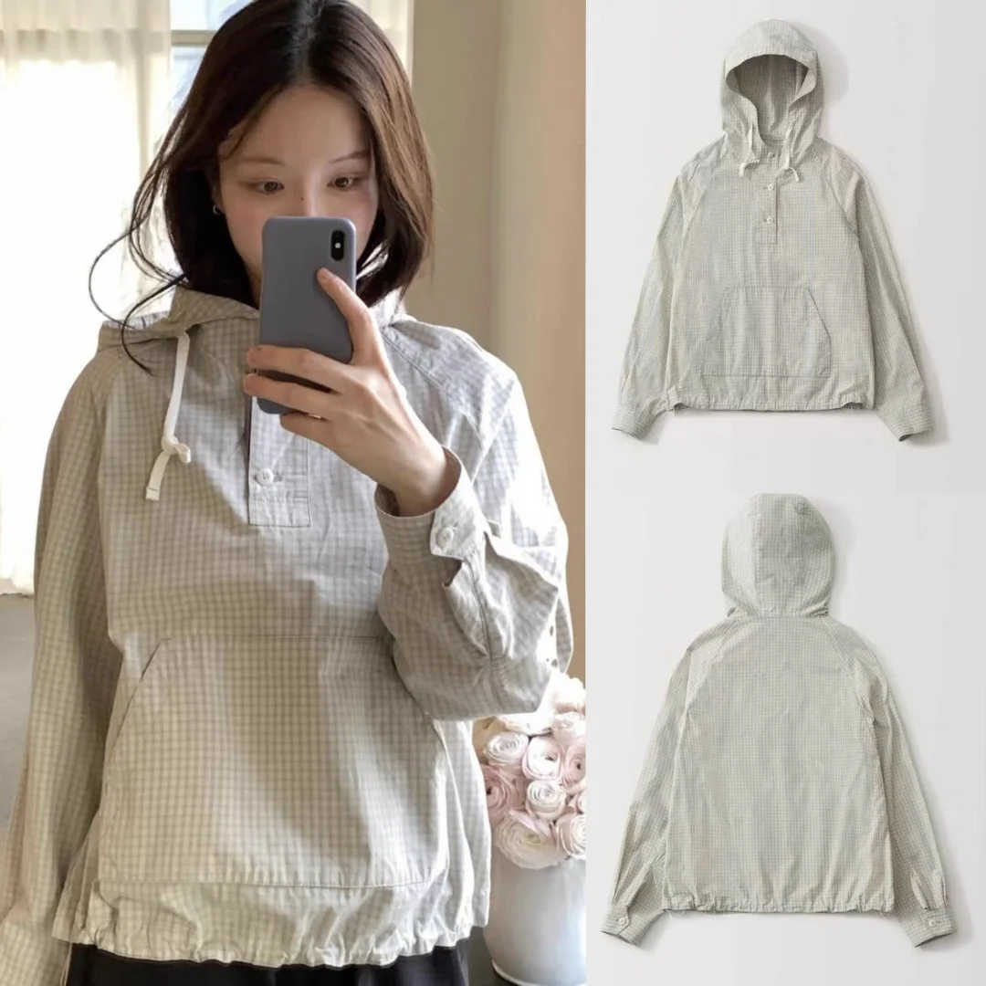 Sudadera con capucha a cuadros Street Sle, ropa de trabajo inspirada en Jaet, ajuste holgado, longitud Regular, capucha no desmontable, verano 2025, Faion para mujer