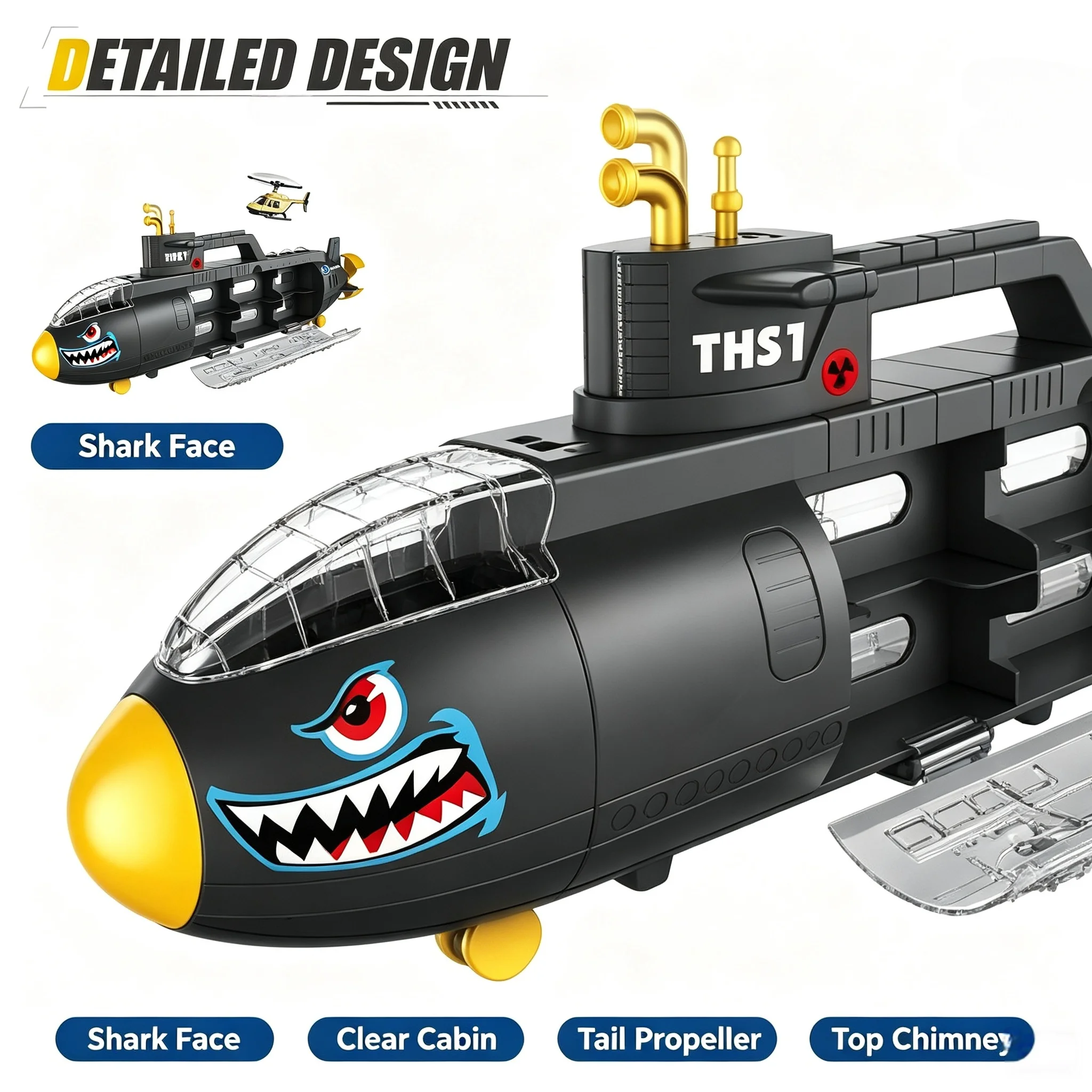 Large Shark Submarine Storage Model with Openable Hatch and Rotatable Propeller, Military Vehicle Combination Toy