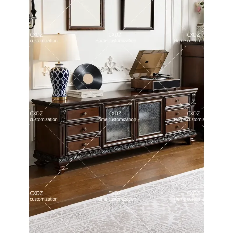 American retro solid wood TV cabinet coffee table combination pure solid wood living room carved furniture 2 meters 2.2