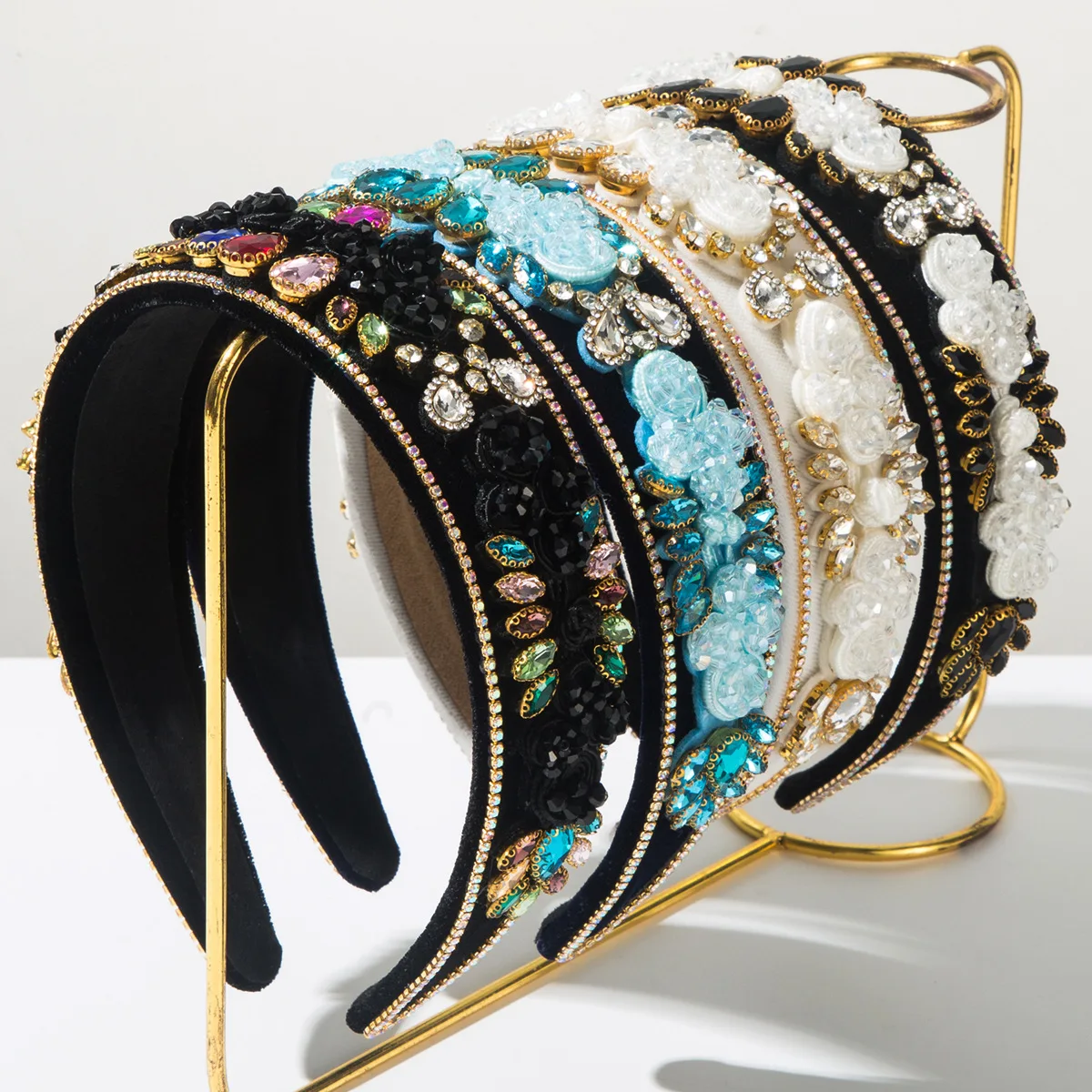 

New Fashion Heavy Industry Luxury Hand-sewn Crystal Baroque Retro Rhinestone Headband Women's Wide Edge Hair Accessories