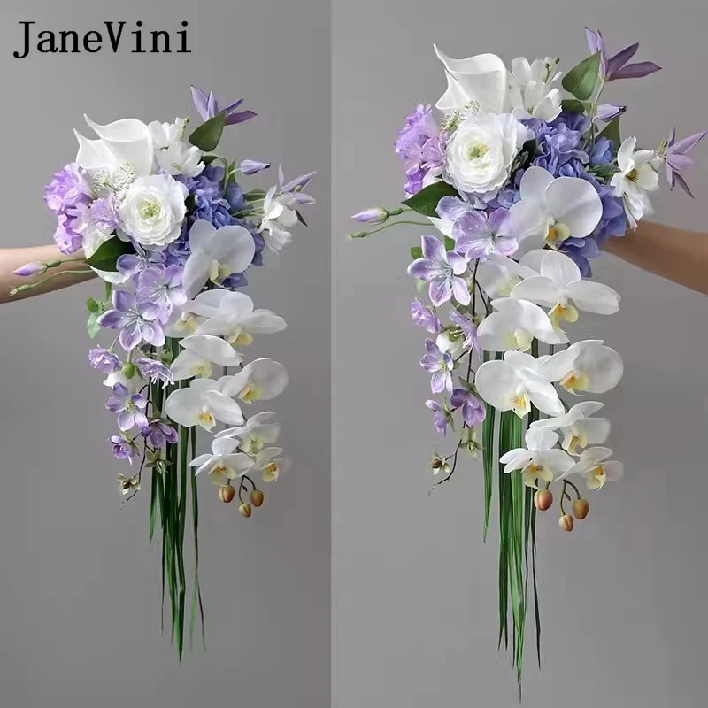 JaneVini 2024 Western Purple White Cascading Bridal Bouquet Fall Artificial Flower Waterfall Wedding Bouquet for Bride Synthetic