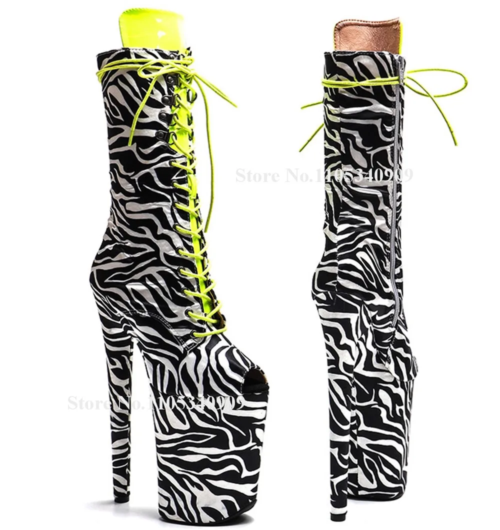 Bondarenko Zebra Pattern Leather Stiletto Heel Short Boots Peep Toe Lace-up High Platform 20cm Thin Heel Dance Shoes