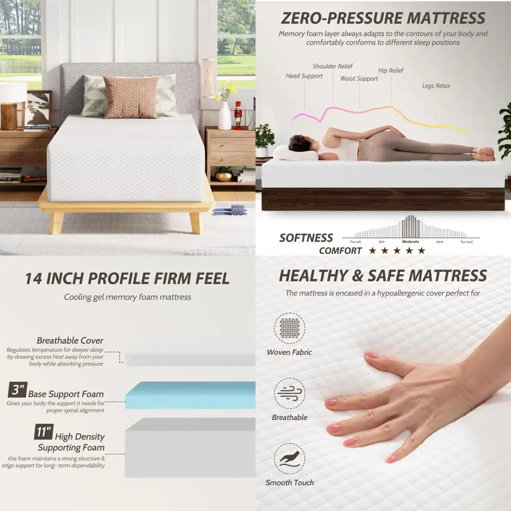 مرتبة إسفنجية ميموري فوم متوسطة الحجم مقاس 14 بوصة - تخفيف الضغط، نوم مبرد للأطفال والكبار