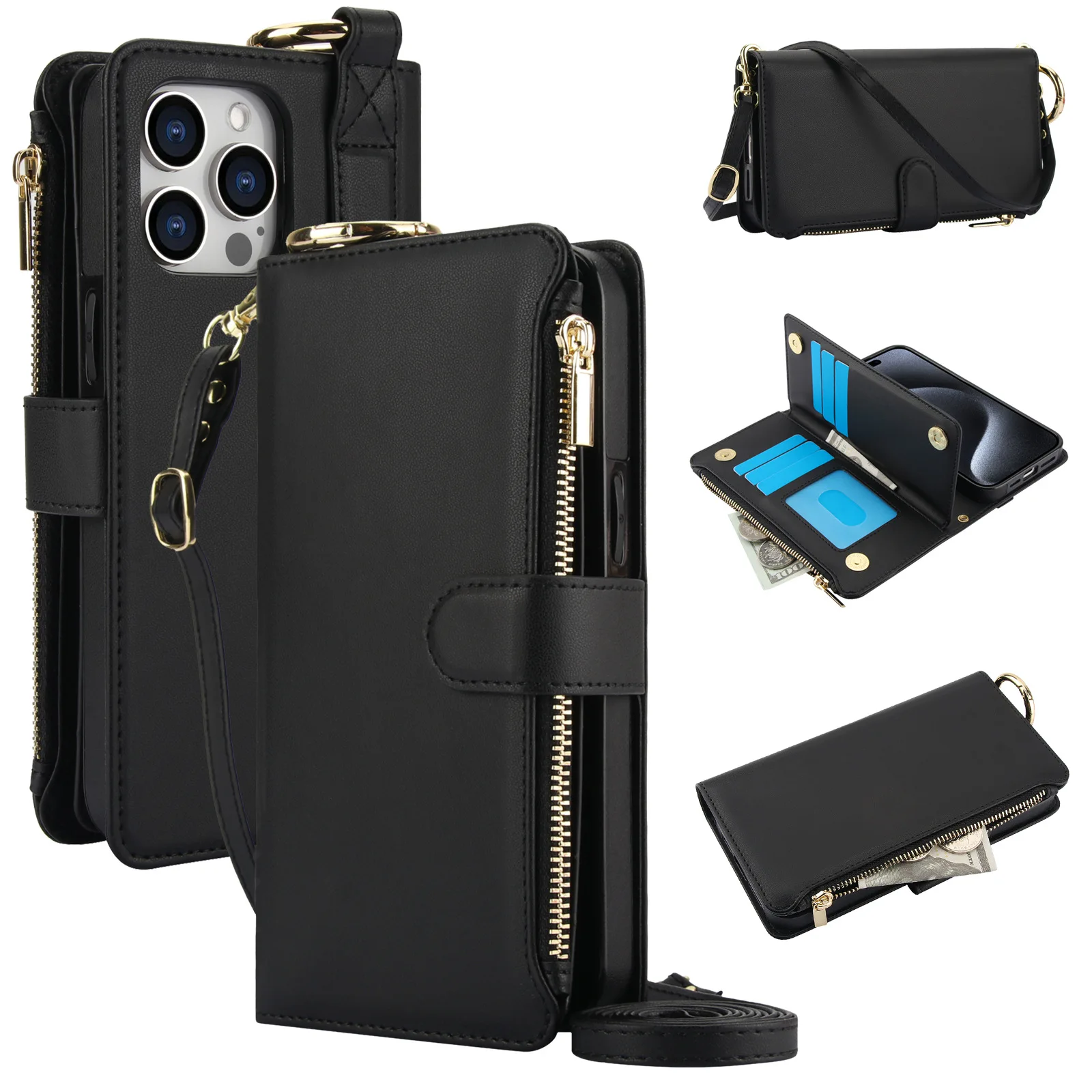 Phone Case For iPhone 16 15 14 13 12 11 X XR XS Pro Max Plus New INS Zipper Card Case Crossbody Cover With Ring and Wristband