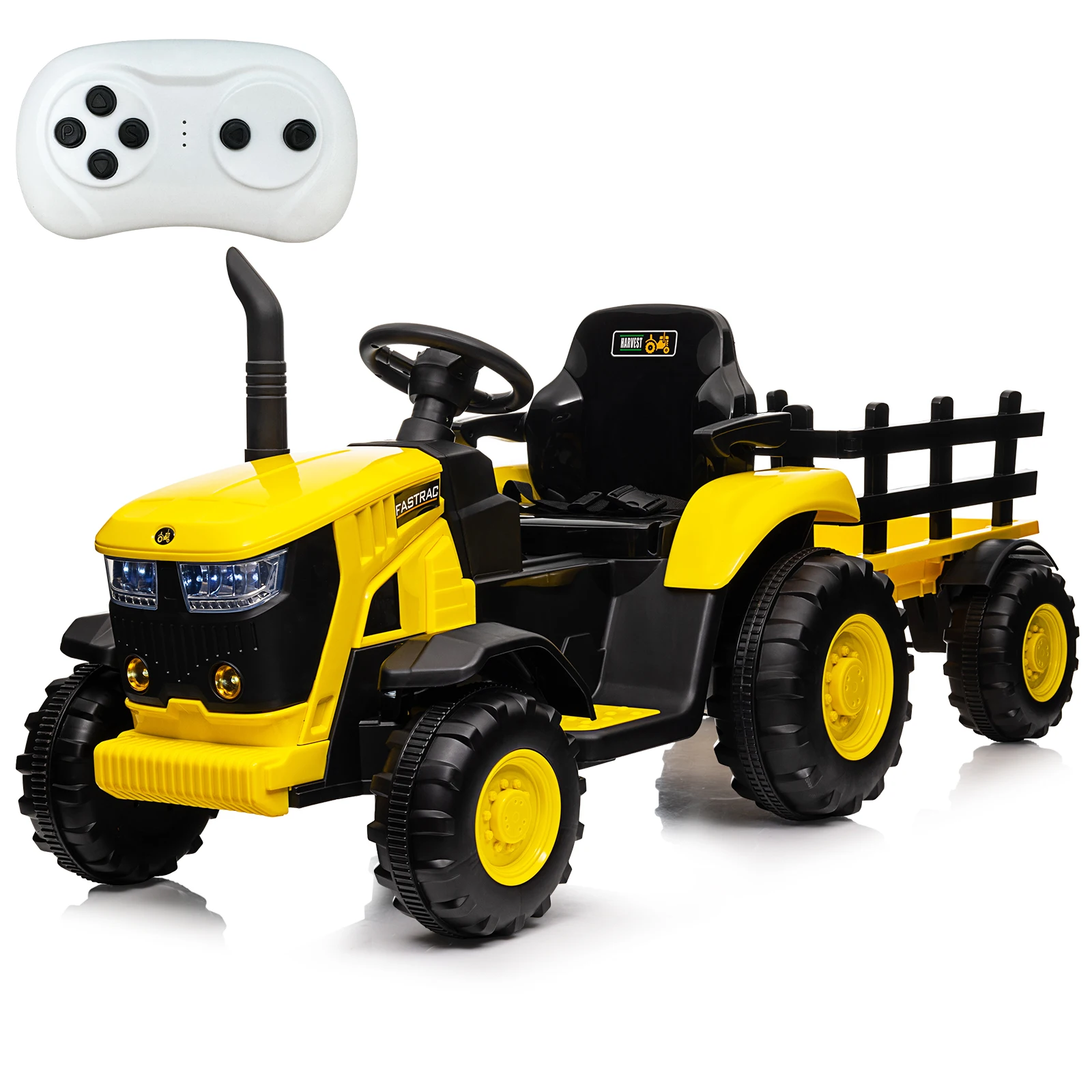 Tractor para niños, coche de juguete con batería de 12 V con remolque desmontable y control remoto, cinturón de seguridad, doble 35 W