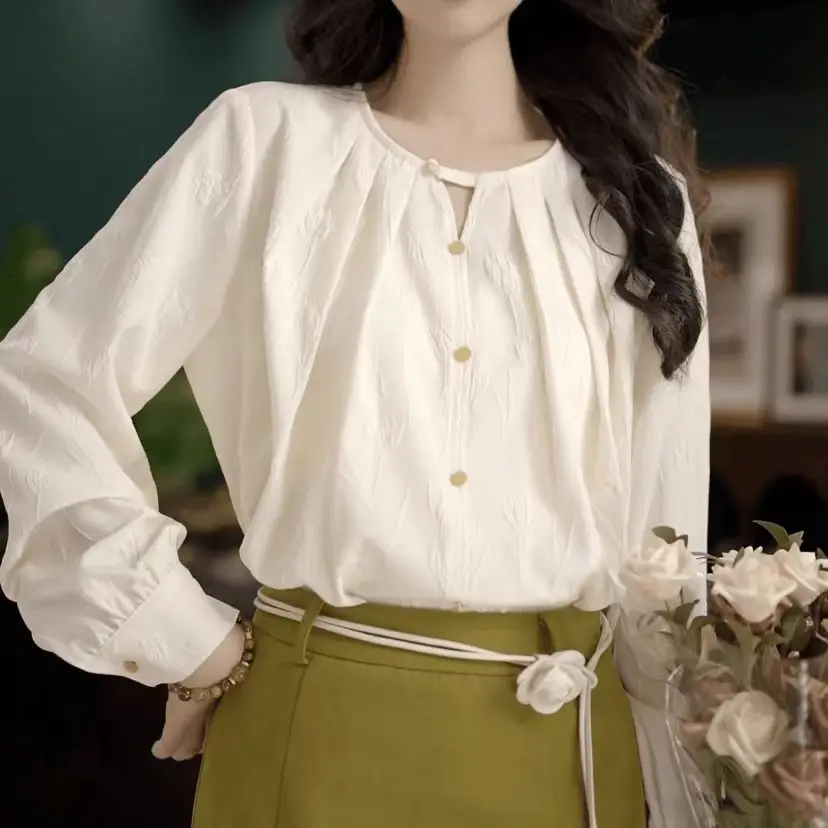 

Офисная женская белая рубашка с длинными рукавами и блузка, элегантный пуловер с круглым вырезом, осенняя новая женская одежда, популярная корейская одежда