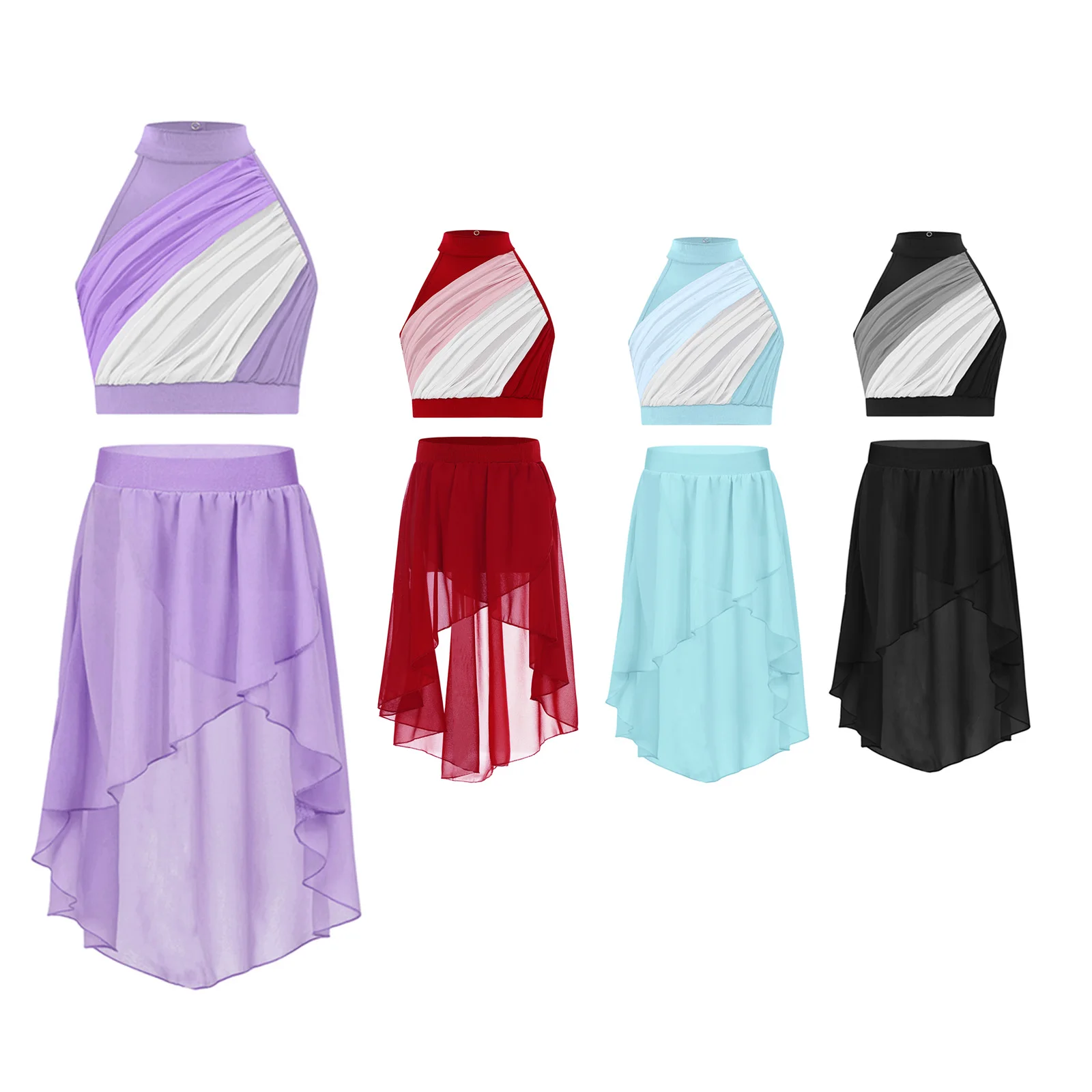 Top corto senza maniche per bambina con gonna alta e bassa per balletto lirico, danza jazz, pattinaggio di figura, ginnastica