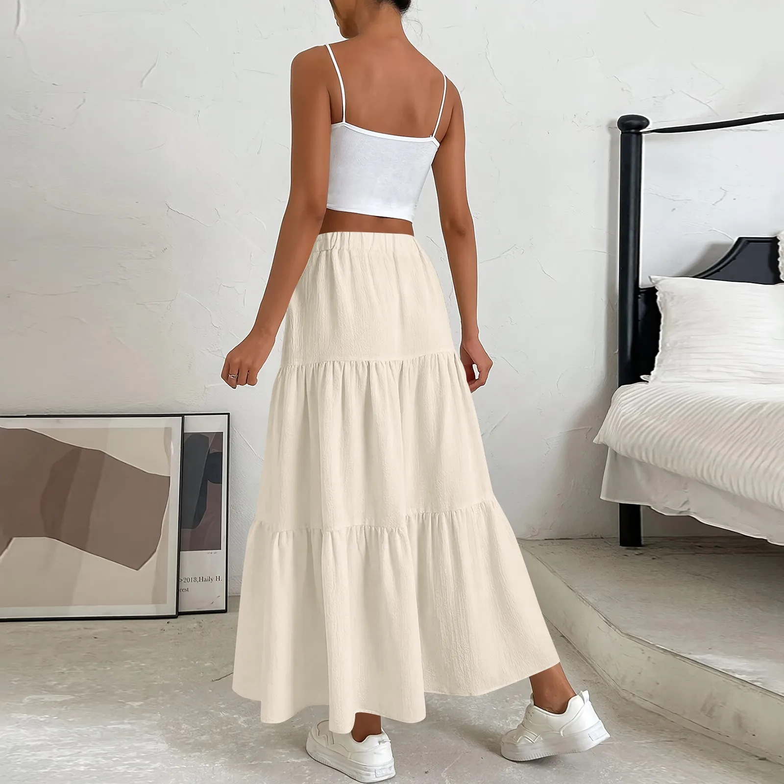 Abito lungo a pieghe per donna Gonna basic semplice quotidiana versatile in puro colore a trapezio Gonna classica con volant alla moda